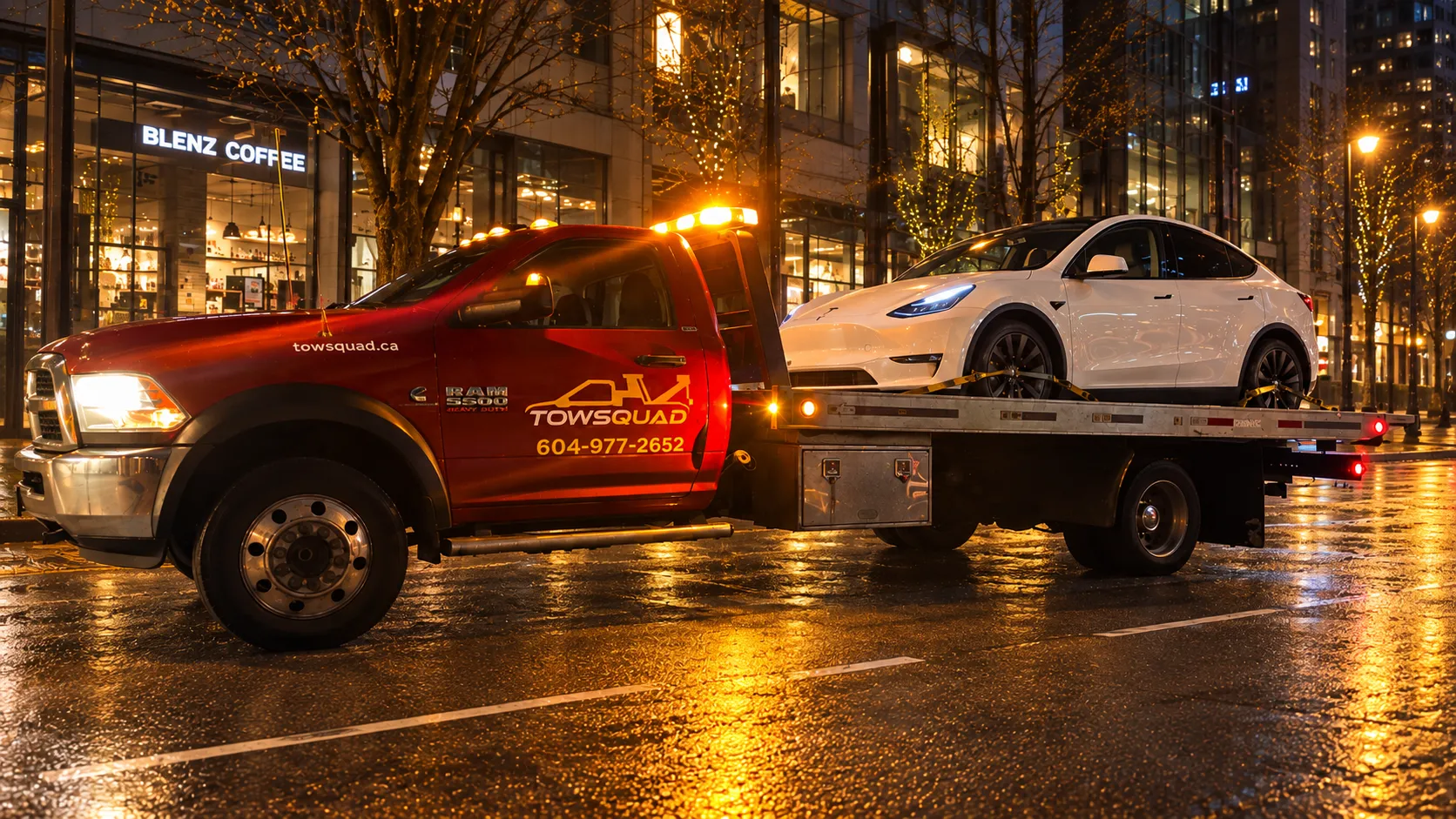 Red Towsquad flatbed tow truck carrying a white Tesla on a wet city street at night, with illuminated storefronts and streetlights reflecting on the pavement.