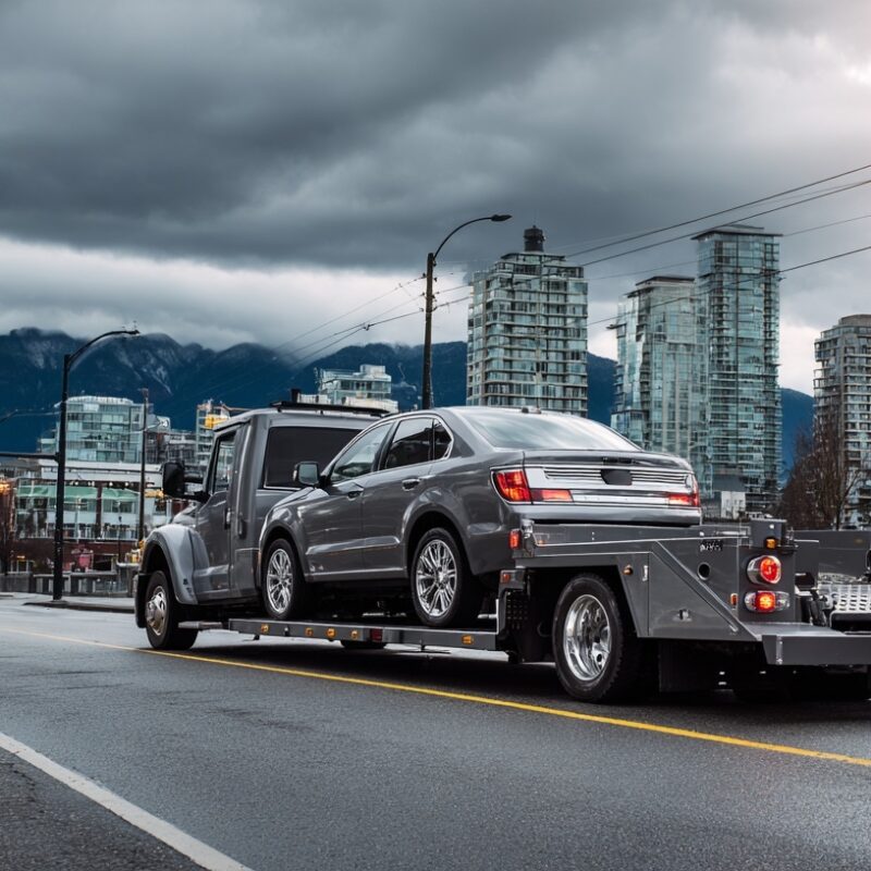 Flatbed tow truck transporting a vehicle in Metro Vancouver
