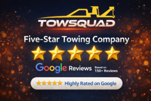 Five-Star Towing Company TowSquad with 5-star Google reviews based on 150+ customer ratings.
