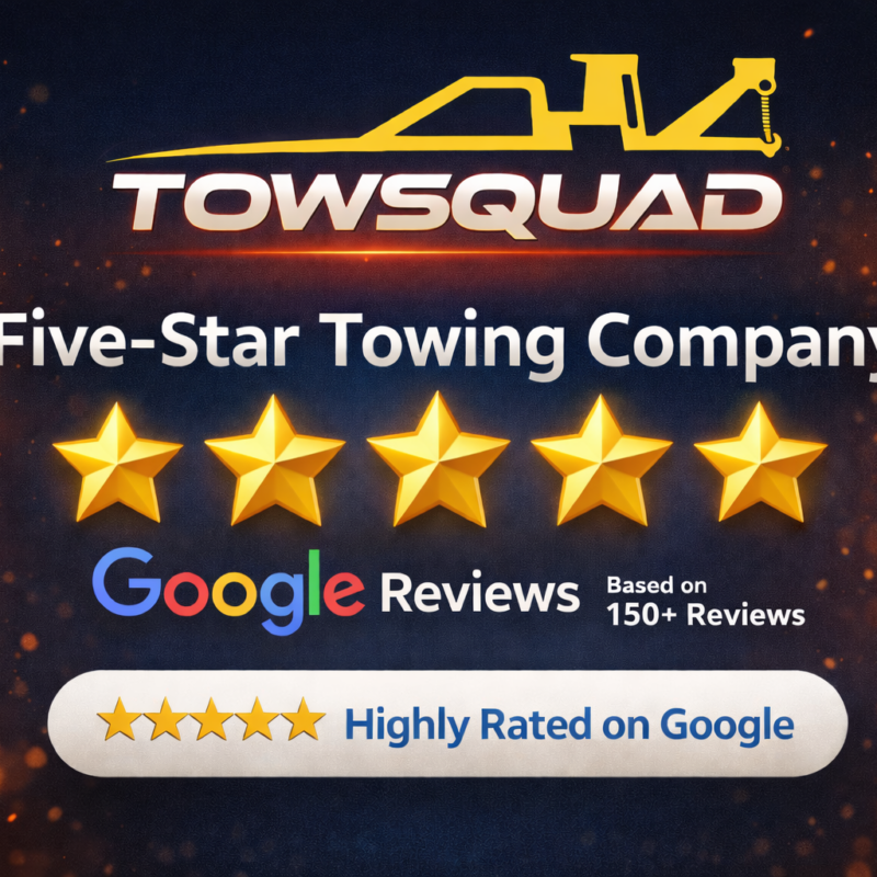 Five-Star Towing Company TowSquad with 5-star Google reviews based on 150+ customer ratings.
