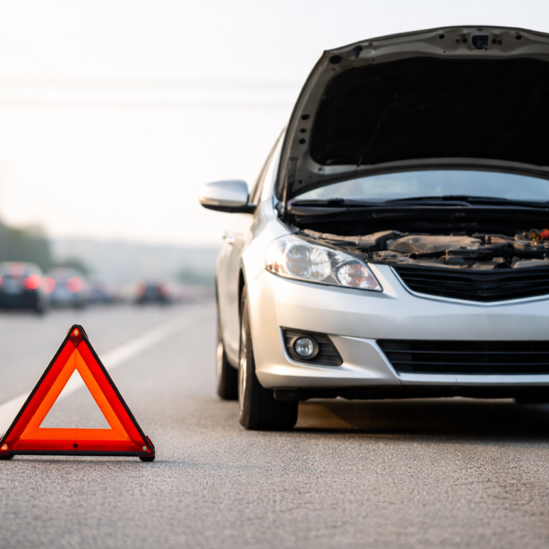 Car breakdown on highway with safety triangle and emergency roadside situation