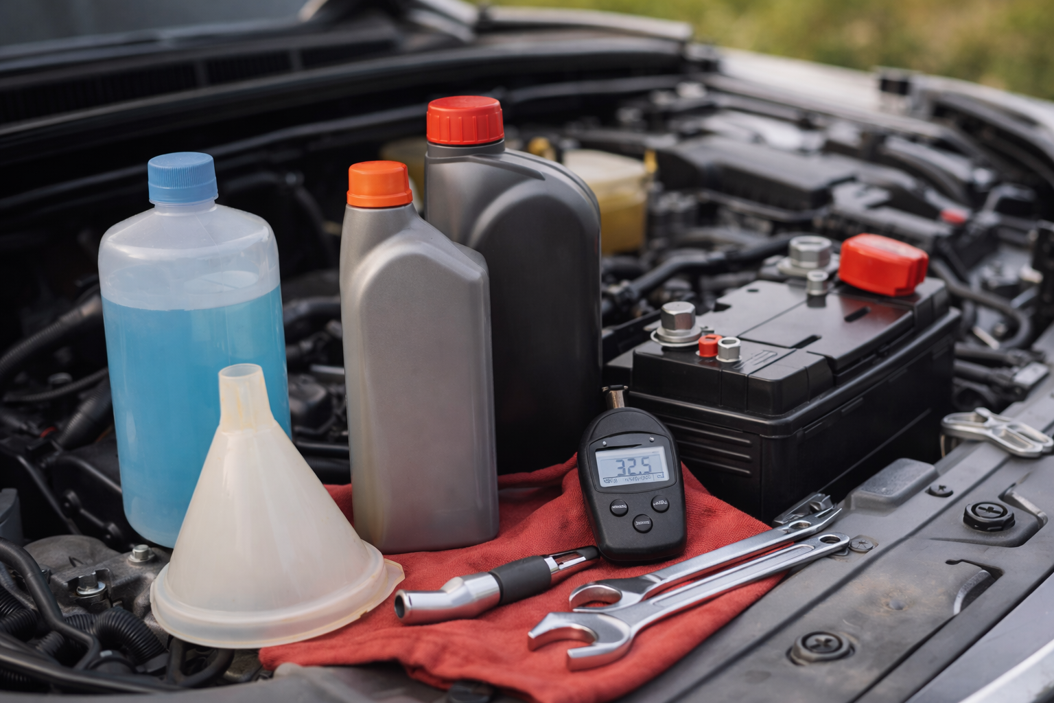 Vehicle maintenance setup with engine oil, battery, coolant, and tire pressure gauge
